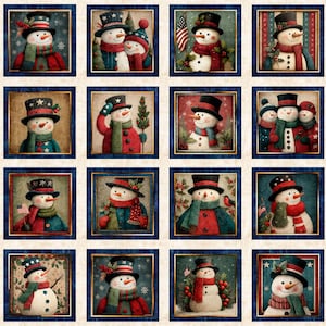 May include: A fabric panel featuring a grid of sixteen square illustrations of snowmen wearing top hats and scarves, accented with American flags, holly, and winter motifs, framed by a decorative border with red, white, and blue star patterns.