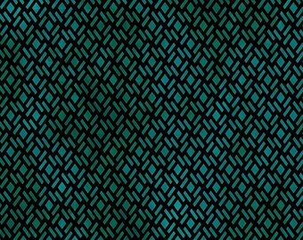 Puede incluir: Patrón geométrico repetitivo en tonos turquesa y negro. El diseño presenta una estructura similar a una cuadrícula con líneas diagonales y formas rectangulares, creando una apariencia texturizada. El patrón se distribuye uniformemente.