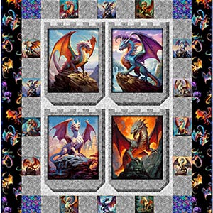 May include: A colorful quilt featuring four framed images of dragons with vibrant wings, set against a landscape. The quilt has a black border with dragon illustrations and a gray castle-like frame around the dragon images.