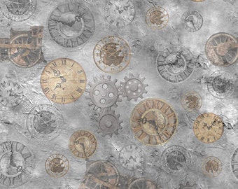 Steampunk Express Gear & Clock Gray Toss  - Quilting Treasures - 1 Yard - More Available