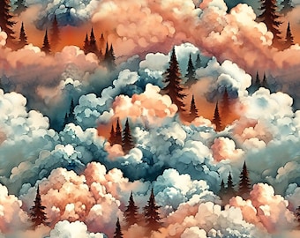 May include: A digital painting of a forest scene with dark green trees emerging from a sea of fluffy white and peach-colored clouds.