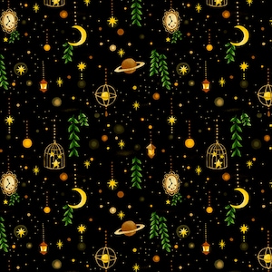 May include: A repeating pattern on a black background features celestial and botanical elements. Gold stars, moons, planets, and hanging lanterns are interspersed with green foliage. The design includes clocks and birdcage-like structures.
