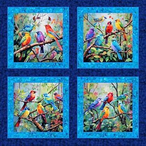 May include: A fabric panel with four square images of colourful birds on branches. The birds are in shades of red, blue, yellow, and green, set against foliage. The panel has a blue border, with a textured appearance, and is suitable for quilting.