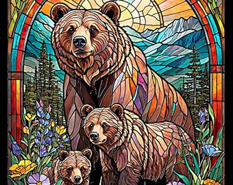 New - Sunlit Bears Stained Glass - QT Fabrics - 1 Yard Panel - More Available