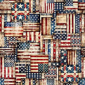 May include: A patchwork design featuring the American flag. The image is composed of various rectangular and square sections, each displaying a portion of the flag. The design incorporates the flag's red and white stripes, blue star fields, and a distressed, vintage aesthetic.