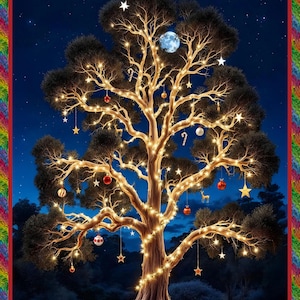 May include: A large tree at night illuminated by warm white string lights wrapped around its trunk and branches. The tree is decorated with hanging ornaments including red, gold, and white spheres, star shapes, candy canes, and a deer figure.