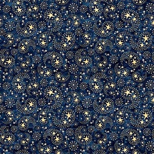 May include: A dark blue fabric with a repeating paisley pattern. Each paisley shape is filled with gold stars and smaller white dots, creating a celestial design. The fabric has a textured appearance.