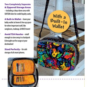 May include: A black and white polka dot fabric baglet with a colourful cat print on the front. The baglet has a built-in wallet with 16 slots for credit cards and a drop-down compartment for additional storage. The baglet measures 8.5 inches wide by 6 inches tall by 3.5 inches deep. The Elsie K Baglet is a Studio Kat design #5200.