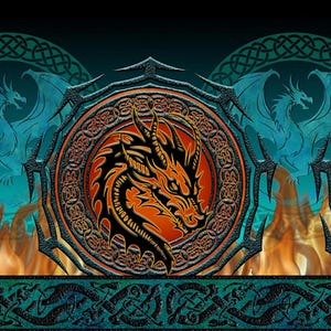 May include: A repeating pattern of four black and orange dragons in circular frames with Celtic knotwork designs. The dragons are set against a teal background with flames.