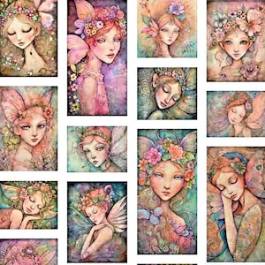 May include: A collection of 10 digital art prints featuring whimsical fairies with colorful wings and floral accents. Each print showcases a unique fairy with delicate features and intricate details.