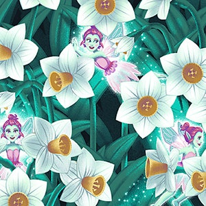 May include: A whimsical illustration featuring white daffodils with golden centres and green foliage. Fairies with pink skin, hair, and wings are interspersed among the flowers, creating a magical, fantasy-themed design.