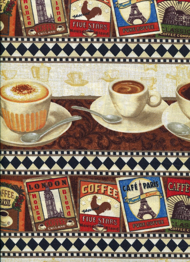 Brown ~ South Seas Imports ~ 100/% Cotton~Fabric Sold BTY Coffee Labels Fabric