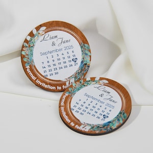 Round Wood Calendar Magnet for Unique Save the Dates - Handcrafted Floral Wedding Invite. Custom Rustic Wedding Date Reminder with Initials.