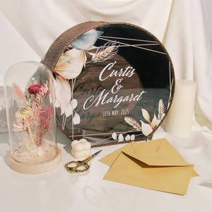 Round Card Box for Weddings, Personalized Rustic Wood Box for Cards with Acrylic, Floral Money Box for Cards, Wedding Gift Box