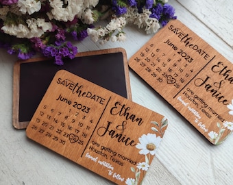 Imán de madera personalizado para bodas: Calendario floral para guardar la fecha