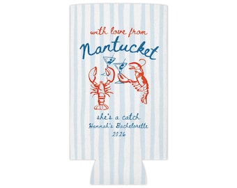 Nantucket Bachelorette Can Coolers, She's a Catch Drink Coolers, Custom Nantucket Beach Party Favors, Girls Trip Drink Holders