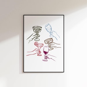 Cheers Wall Art - handgetekende cocktail Cheers-print, martiniglas, wijn- en champagneposter, retro barwagen digitale download