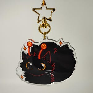 Könnte beinhalten: Ein schwarzer Katzen-Schlüsselanhänger mit einem goldenen Stern und einem Ringverschluss. Die Katze hat orangefarbene Augen und Antennen sowie weiße Schnurrhaare. Der Schlüsselanhänger besteht aus klarem Acryl mit Glitzerakzenten.
