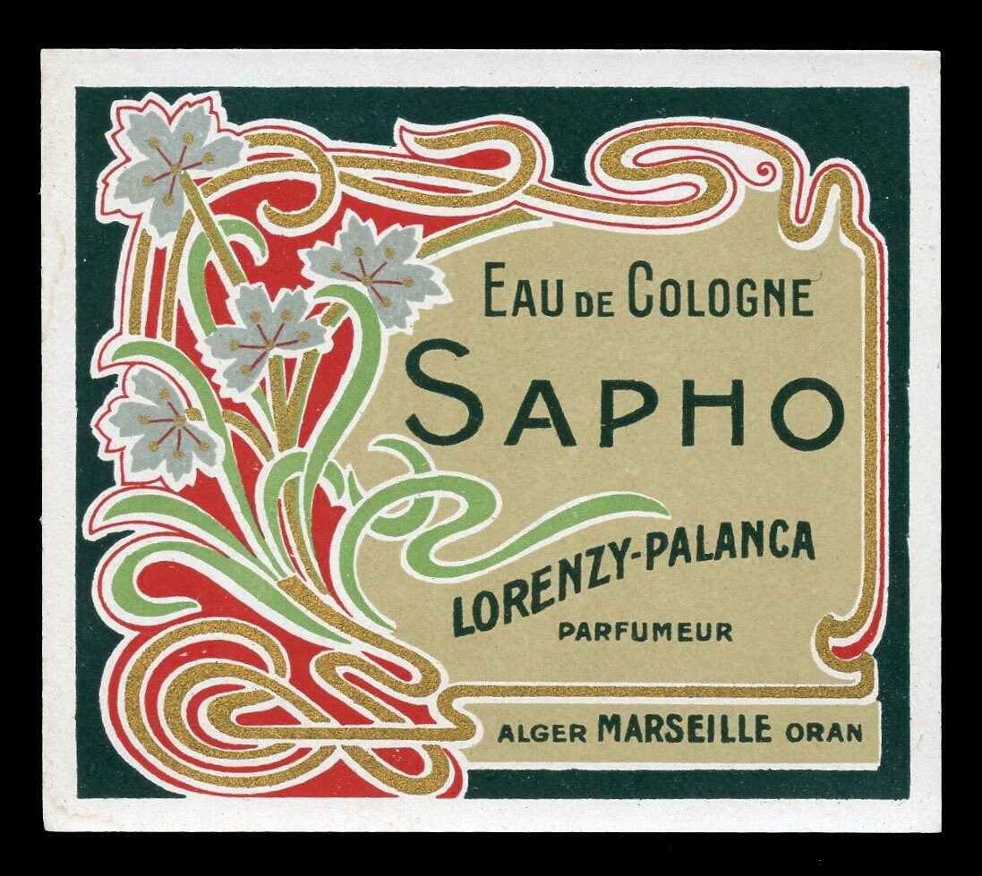 Vintage French Perfume Label Art Nouveau Sapho Lorenzy Palanca Paris Circa 1900