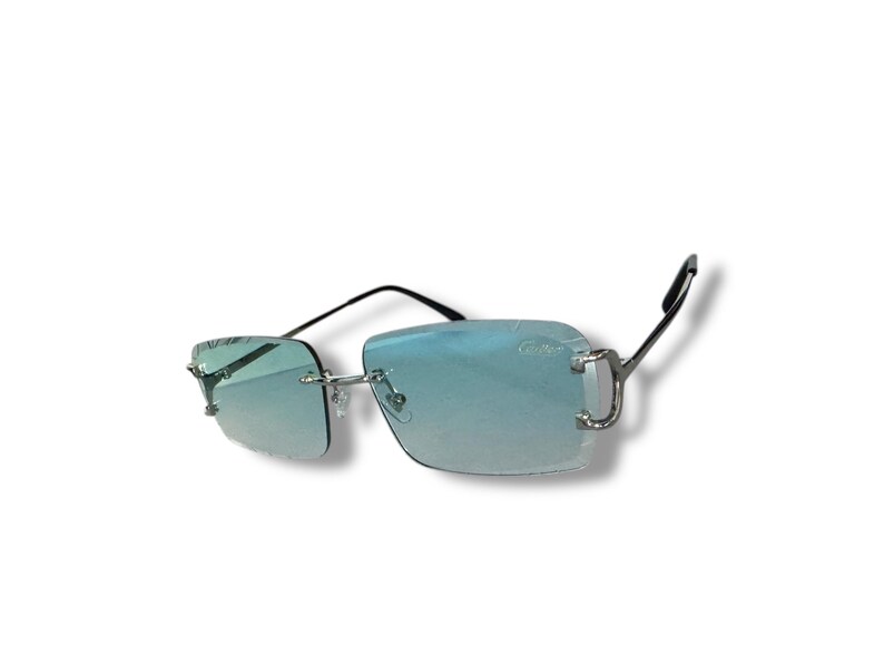 May include: Silver frame sunglasses with blue tinted lenses. The sunglasses have a square shape and a thin metal frame.