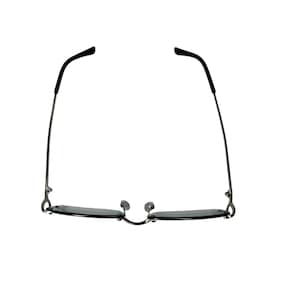 May include: A pair of silver-framed sunglasses with dark gray lenses. The sunglasses are closed and the arms are extended outward.