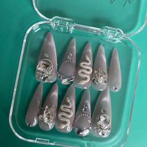 Silver Snake Press On Nails, Shimmer Gray Long Nail Set with Rhinestones, 3D Luxury Crystal Nails, Glam Goth Nail Art