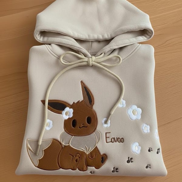 Embroidered Eevee Hoodie, Cute Poke Sweatshirt, Matching Couple Hoodie, Cozy Brown Embroidery Sweater, Gift for PKM Lovers