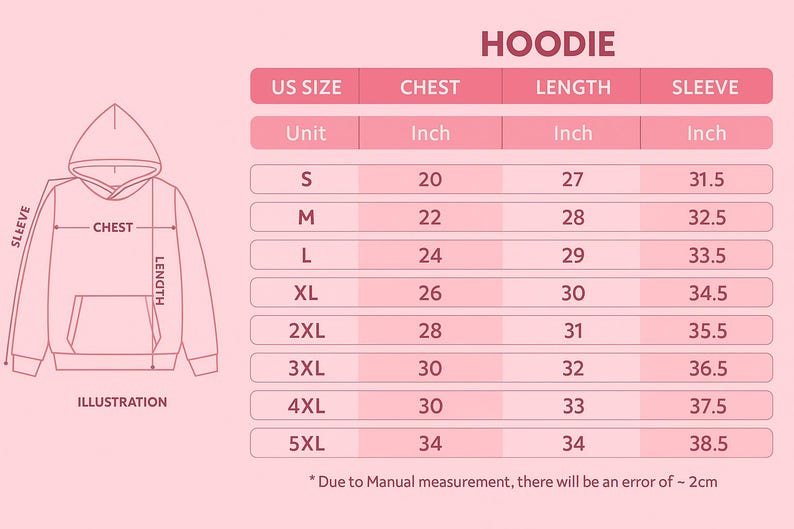 May include: A pink chart detailing hoodie measurements in inches. The chart includes sizes S to 5XL, with chest, length, and sleeve measurements. An illustration of a hoodie is on the left.