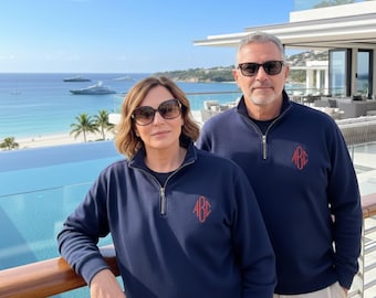 Custom Embroidered Diamond Monogram Quarter Zip Sweater, Classic Quarter Zip Pullover, Carnival and Costume Parties, Veteran Gift for Him