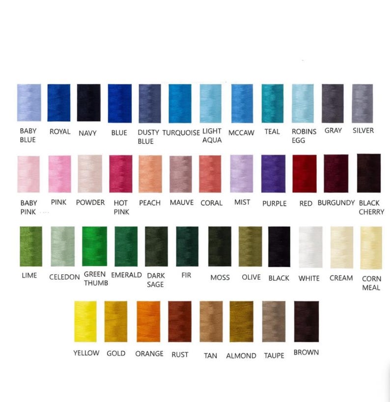 May include: A color chart displaying a variety of thread colors. The chart includes shades of blue, pink, green, yellow, orange, brown, and neutral tones. Each color is labeled with its name, such as "Baby Blue," "Pink," and "Gold."