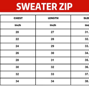 May include: A size chart for a sweater with a zip closure. The chart includes US sizes from S to 5XL, with corresponding chest, length, and sleeve measurements in inches. The text "SWEATER ZIP" is at the top.