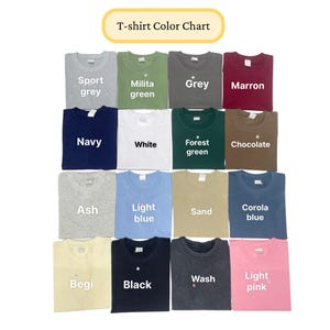 May include: A color chart of t-shirts in various colors, including grey, navy, white, and pink. The text "T-shirt Color Chart" is at the top. Each shirt is neatly folded, showcasing the available hues.