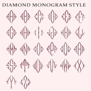 May include: A collection of diamond-shaped monogram designs in a burgundy color, each featuring a unique combination of two or three letters. The text "DIAMOND MONOGRAM STYLE" is at the top. The monograms are displayed on a light pink background.