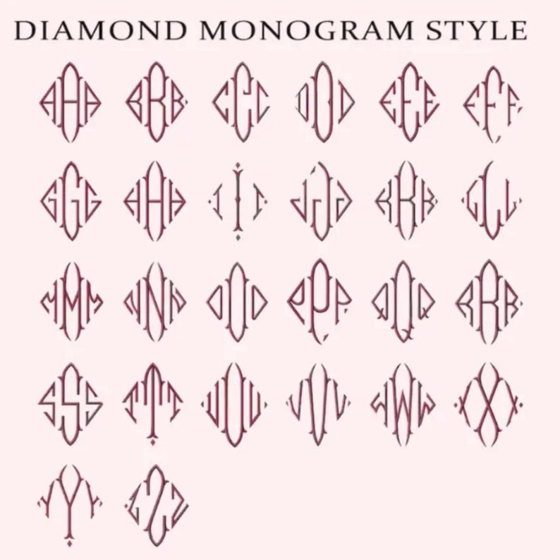 May include: A collection of diamond-shaped monogram designs in a burgundy color, each featuring a unique combination of two or three letters. The text "DIAMOND MONOGRAM STYLE" is at the top. The monograms are displayed on a light pink background.