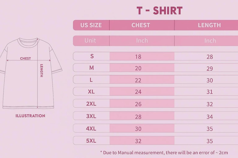 May include: A pink chart titled "T-SHIRT" with size measurements in inches. The chart includes US sizes S to 5XL, chest measurements from 18 to 32 inches, and lengths from 28 to 35 inches. An illustration of a t-shirt is on the left.