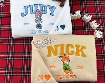 Sudadera con bordado de Nick y Judy de Zootopia, camiseta con animales de dibujos animados de Disney, sudadera con capucha bordada de aniversario, regalos de San Valentín, pareja a juego