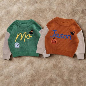 Personalized Halloween & Christmas Baby Sweater, Custom Name Newborn Baby Knitted Sweater, Halloween Hand Embroidered Baby Sweater