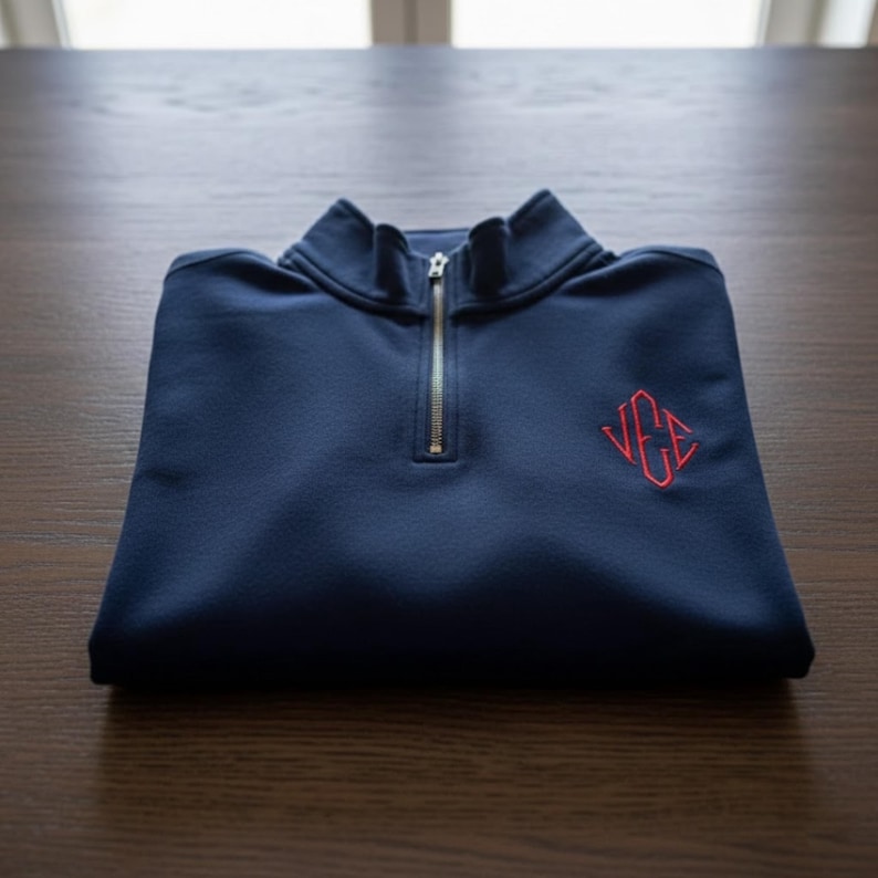 May include: Navy blue quarter-zip sweatshirt with a red embroidered monogram. The folded sweatshirt features a stand-up collar and a silver zipper. The monogram is in a stylized font. The sweatshirt is made of a soft material.