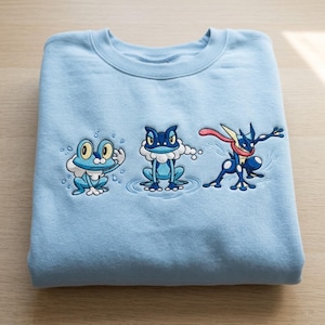 May include: Light blue sweatshirt featuring embroidered cartoon frog characters. The design includes three different frog illustrations in various poses, with details in blue, white, and red. The sweatshirt is folded neatly on a light wood surface.