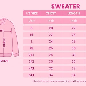 May include: Pink graphic showing sweater measurements in inches. The chart includes US sizes S to 5XL, with chest, length, and sleeve measurements. The illustration shows where to measure the chest, length, and sleeve.