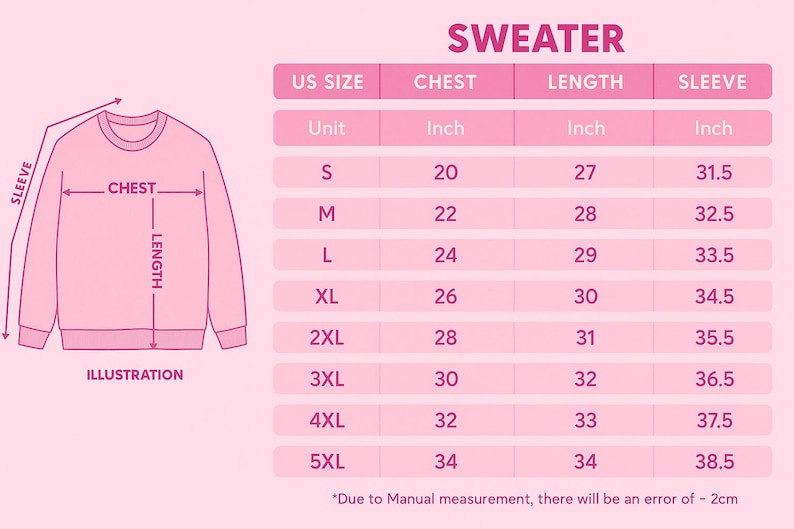 May include: Pink graphic showing sweater measurements in inches. The chart includes US sizes S to 5XL, with chest, length, and sleeve measurements. The illustration shows where to measure the chest, length, and sleeve.