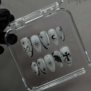 Gothic Moon and Star Press On Nails, Black and Silver Celestial Nail Set, Witchcore Vampire Nails, 3D Cross and Bat Charm Nails