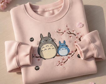 Totoro Embroidered Sweatshirt, Cherry Blossom Totoro Crewneck, Ghibli Inspired Anime T-shirt, Cute Studio Ghibli Gift, Totoro Lover Hoodie