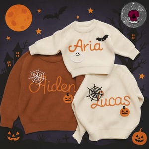 Personalized Halloween Baby Sweater, Custom Name Newborn Baby Knitted Sweater, Halloween Hand Embroidered Baby Sweater, Cute Halloween Gift