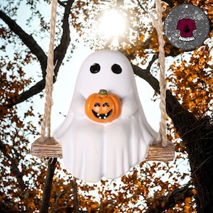 Ghost pumpkin garden decoration, Cute Trick or Treat Ghost, Halloween hanging decoration, White Ghost Pumpkin Swing Pendant
