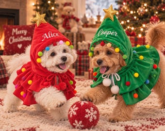 Disfraz personalizado de árbol de Navidad para perros, atuendo navideño personalizado para mascotas con nombre, capa de árbol de Navidad para perros, disfraz navideño para cachorros, regalo de Navidad para mascotas