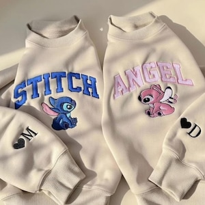 Couple Stitch & Angel Sweatshirts, Matching Disney T-shirt, Personalized Couple Hoodie, Cute Cartoon Embroidered Pullover, Gift for Couples