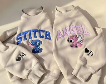 Couple Stitch & Angel Sweatshirts, Matching Disney T-shirt, Personalized Couple Hoodie, Cute Cartoon Embroidered Pullover, Gift for Couples