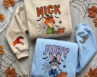 Nick and Judy Halloween Embroidered Sweatshirt, Zootopia Matching Couple T-shirt, Disney Halloween shirt,  Fall season Embroidered Shirt