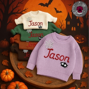 Personalized Halloween Baby Sweater, Custom Name Newborn Baby Knitted Sweater, Halloween Hand Embroidered Baby Sweater, Cute Halloween Gift